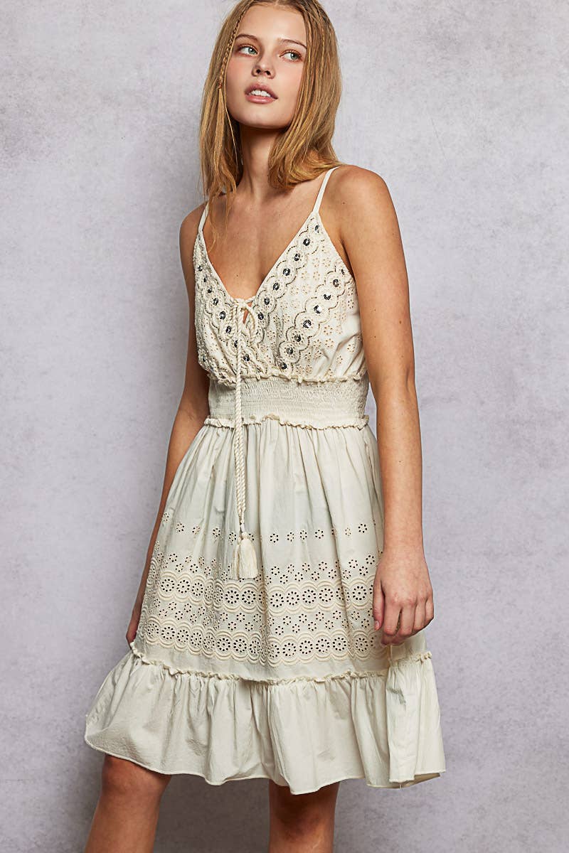 Cotton V-Neck Sleeveless Dress with Eyelet Detail Smocked Waist