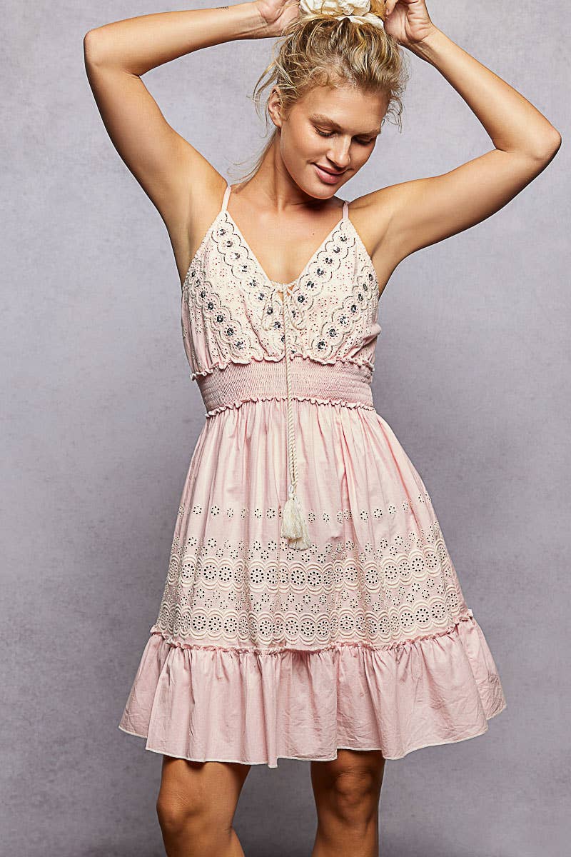 Cotton V-Neck Sleeveless Dress with Eyelet Detail Smocked Waist