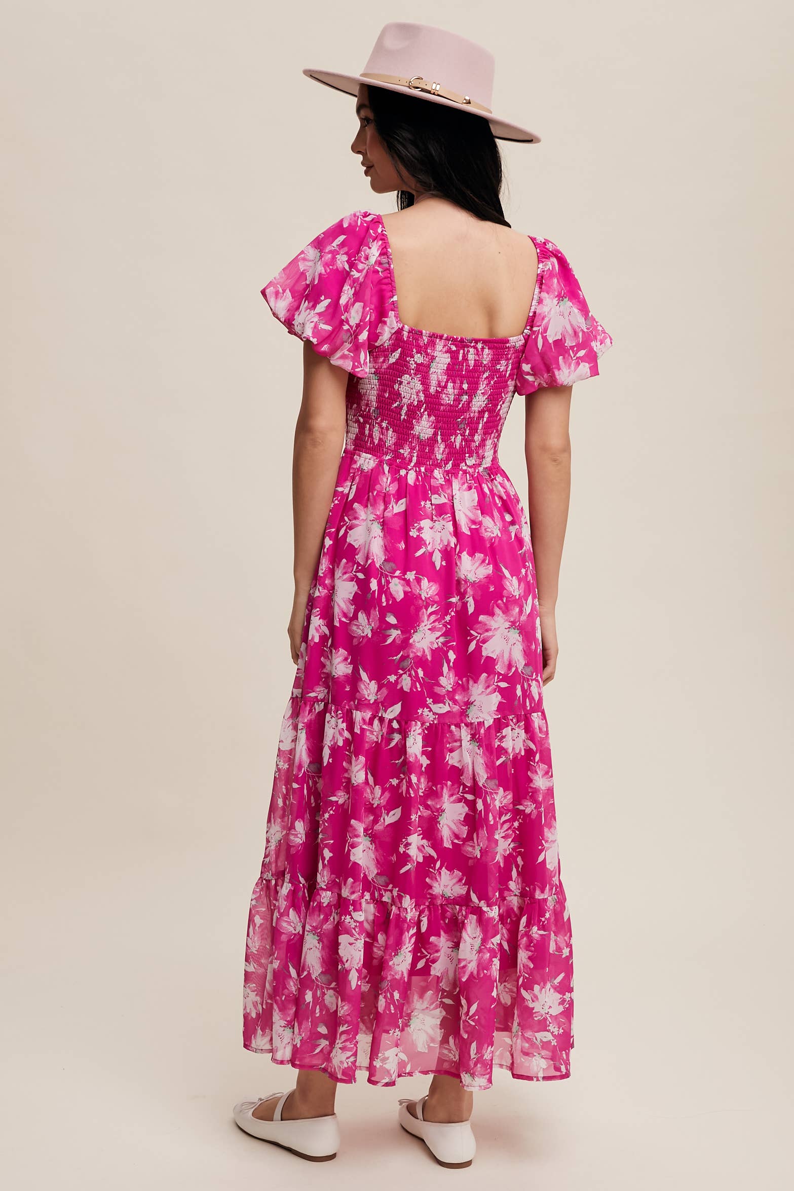 Floral Puff Sleeve Tiered Pink Maxi Dress