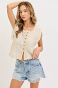 COTTON GAUZE FLORAL EMBROIDERY CROCHET BOHO  TOP