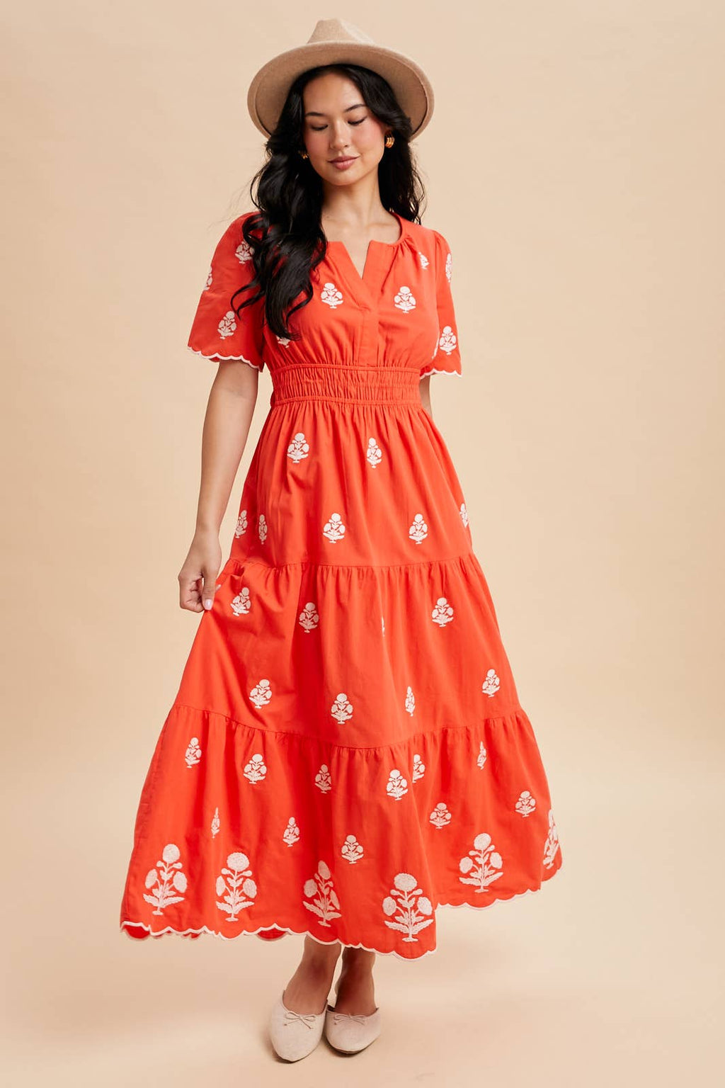 NOTCHED COLLAR EMBROIDERED MAXI DRESS