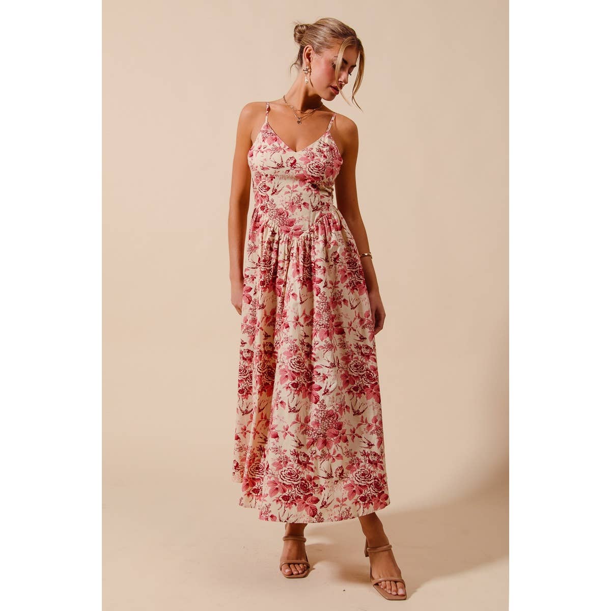 FLORAL COTTON WOVEN V NECK DRESS WITH BACK RIBBON TIE