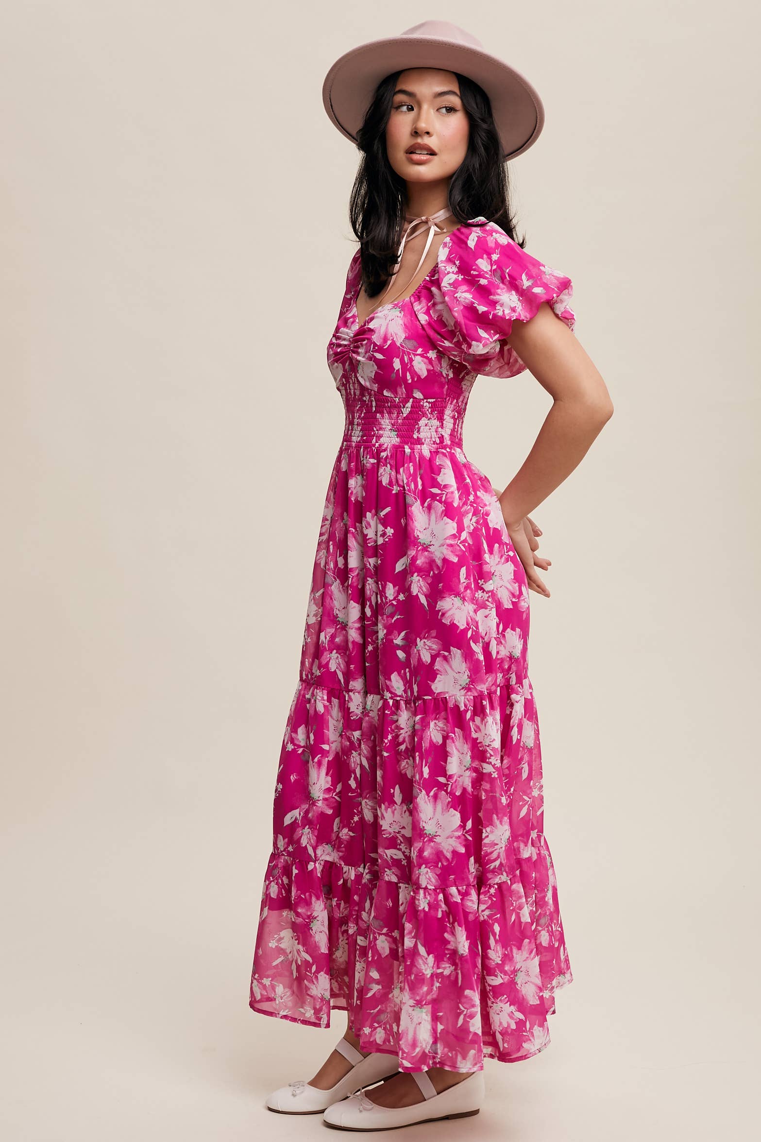 Floral Puff Sleeve Tiered Pink Maxi Dress