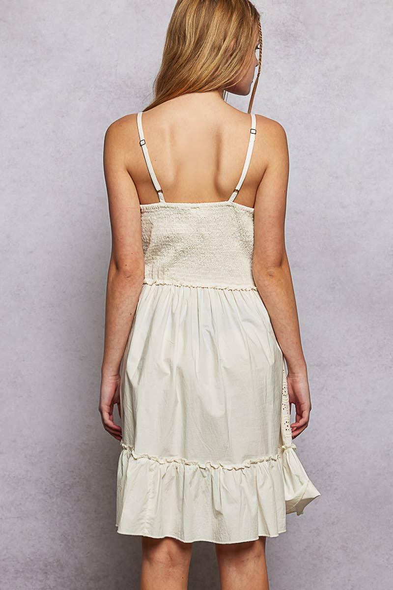 Cotton V-Neck Sleeveless Dress with Eyelet Detail Smocked Waist