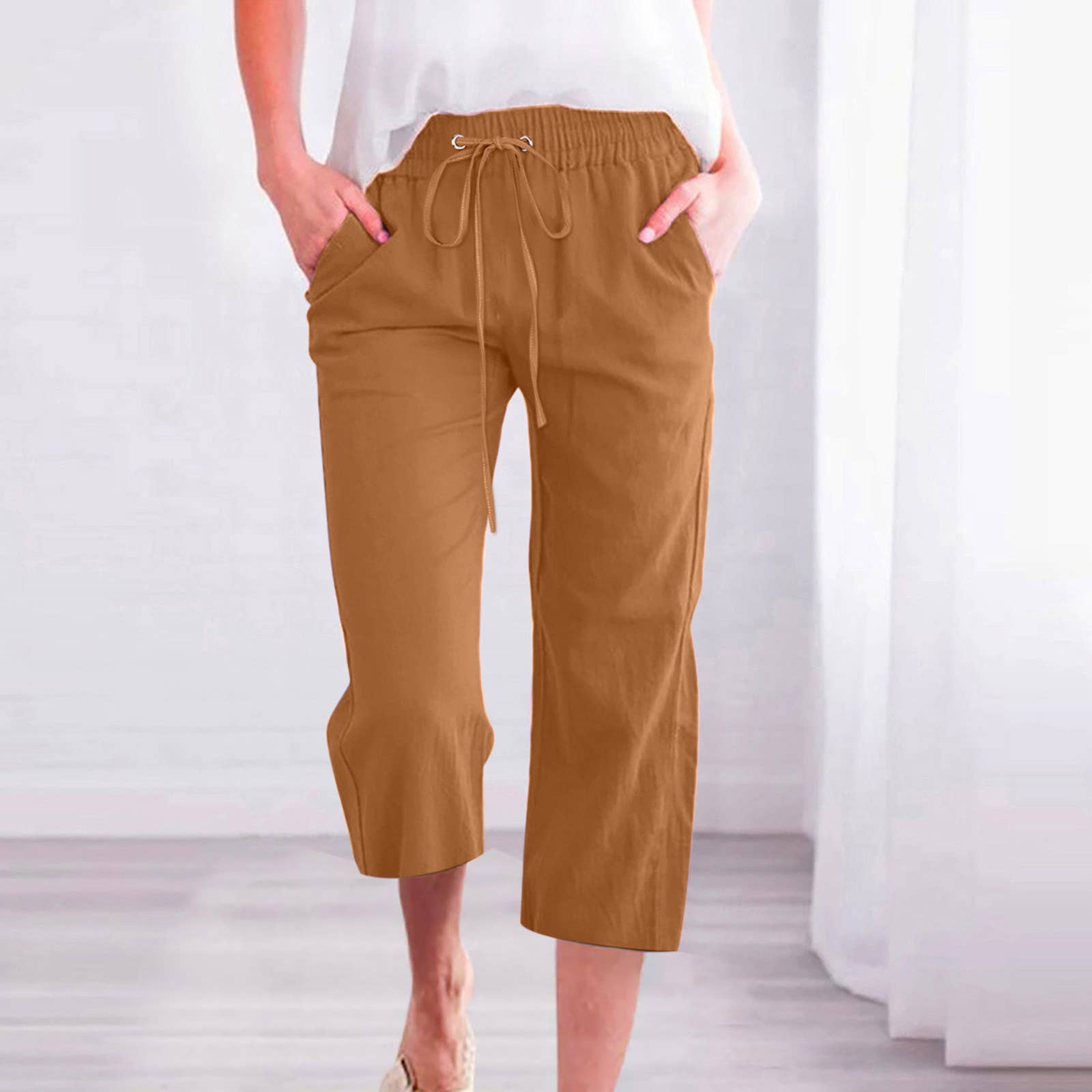 Linen Casual Summer Cropped Pants with Elastic Drawstring Waist