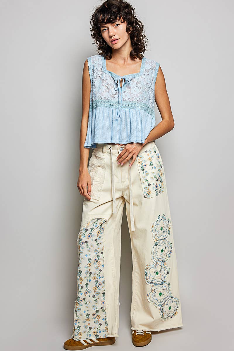 Cotton Boho Denim Drawstring Floral Patch  Pants