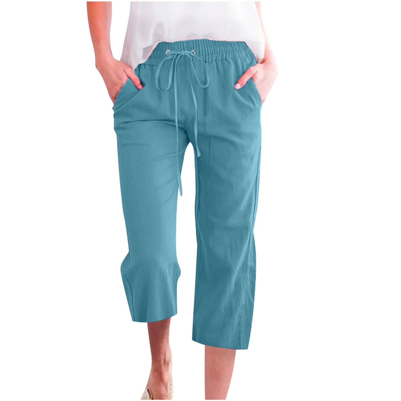 Linen Casual Summer Cropped Pants with Elastic Drawstring Waist