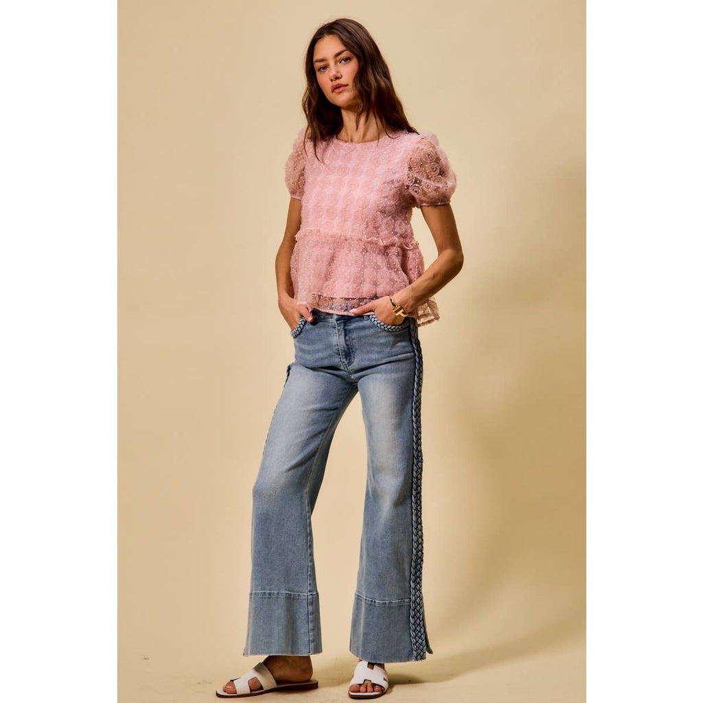 WIDE LEG FLARE DENIM JEANS WITH SIDE  BRAIDS
