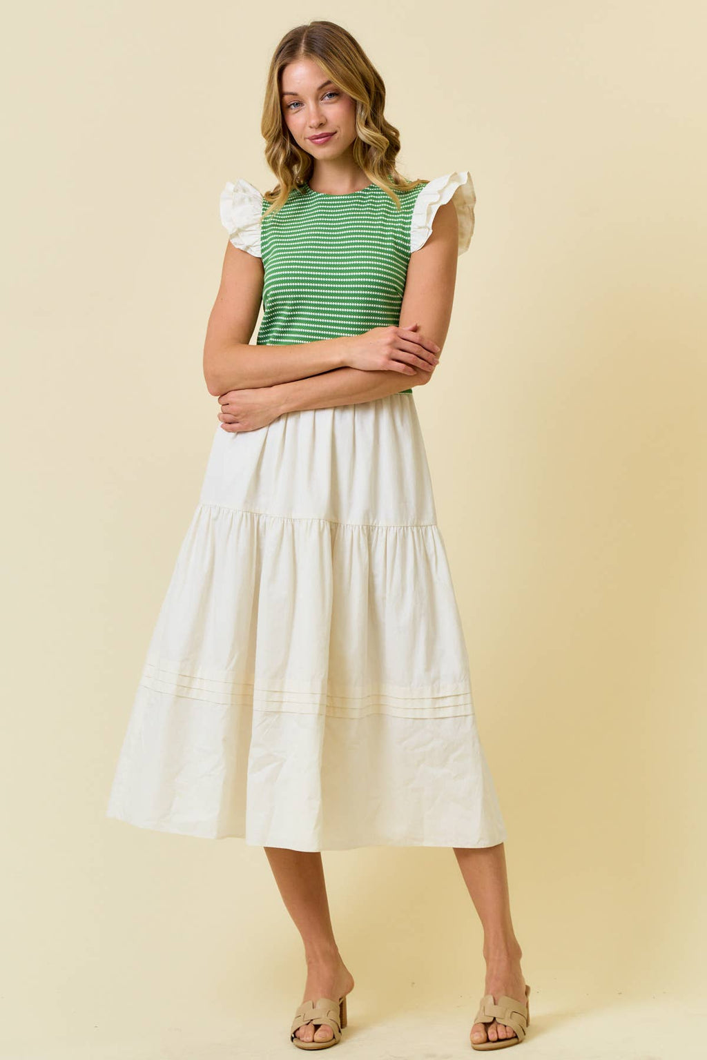 COTTON POPLIN TIERED DRESS WITH RUFFLE SLEEVE - 28194D