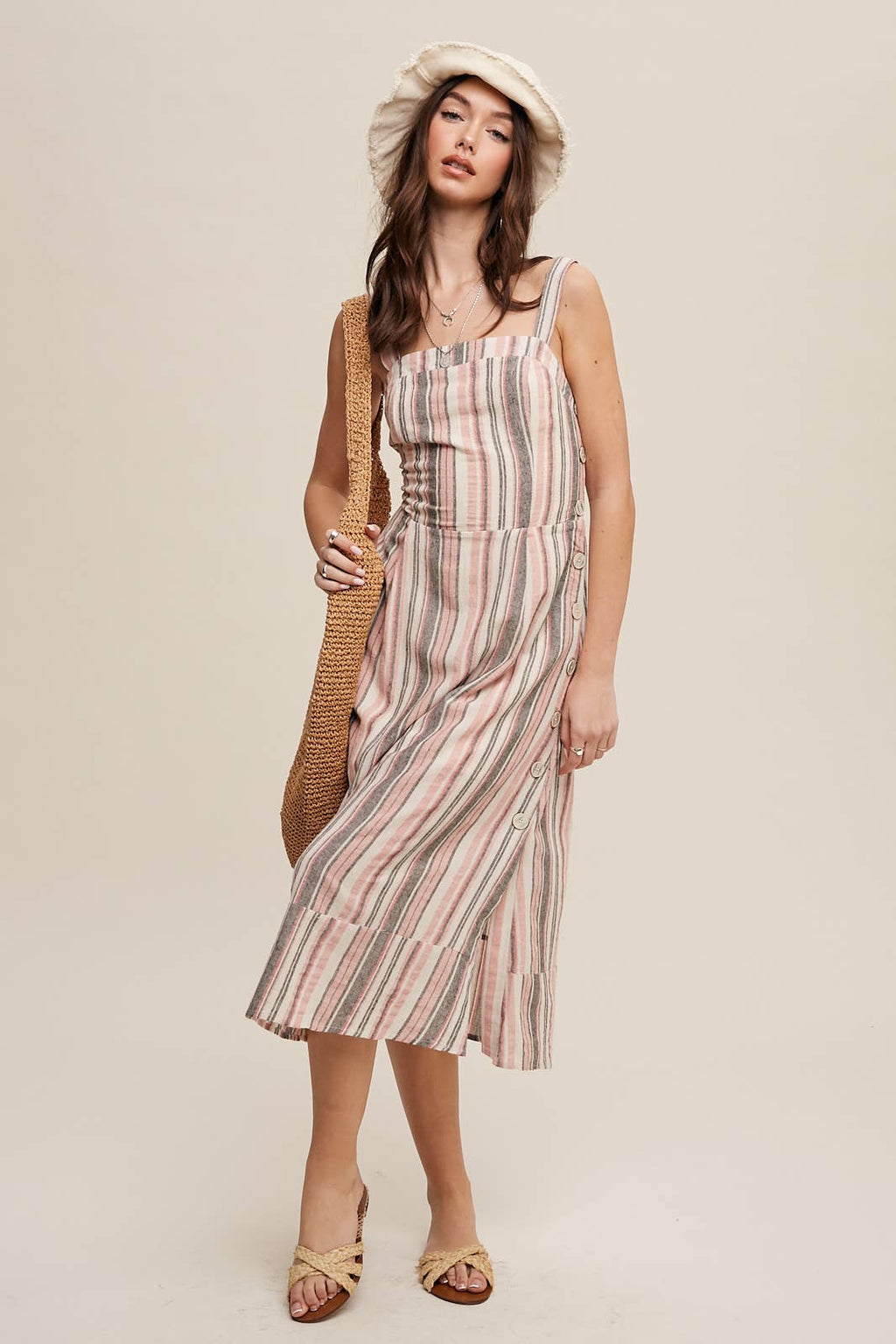 Striped Linen Blend Midi Dress
