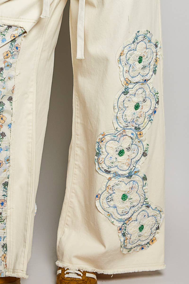 Cotton Boho Denim Drawstring Floral Patch  Pants
