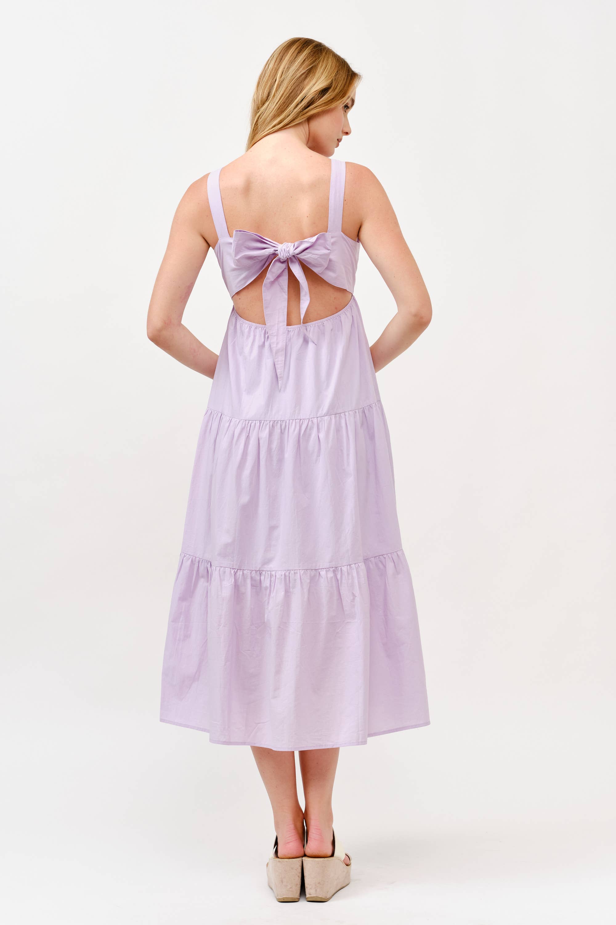 Cotton Boho Elastic Waist Open Bow Back Summer Lilac Dress