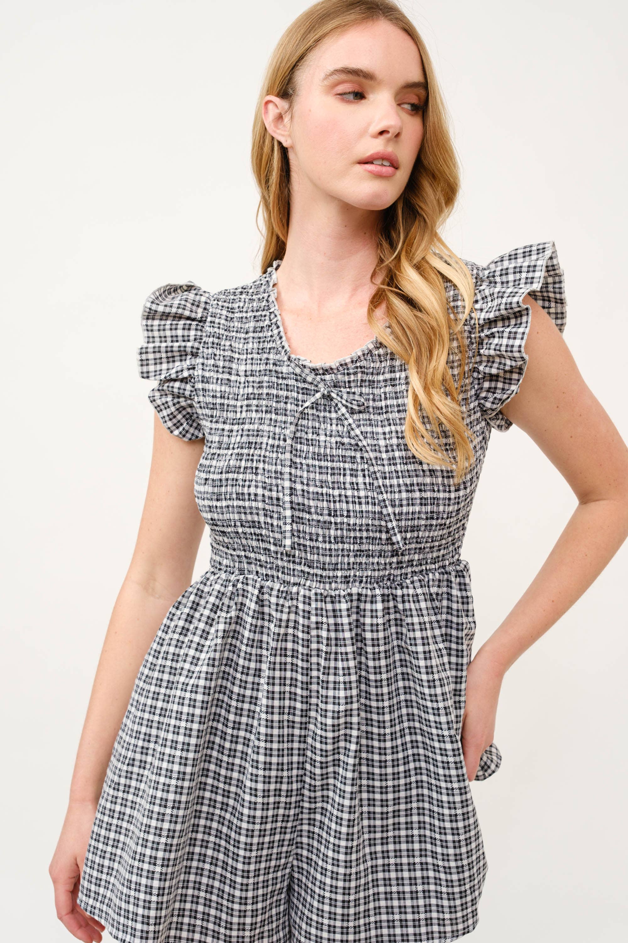 Gingham Smocked Waist Romper with Ruffle Sleeves