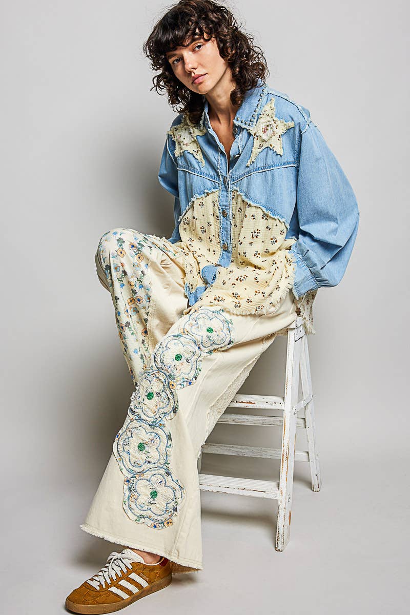 Cotton Denim Drawstring Floral Patch  Pants