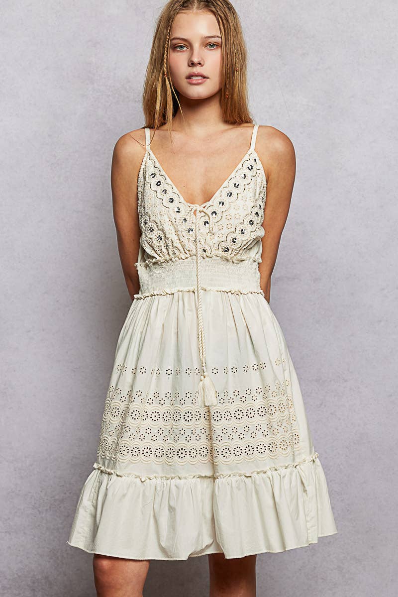 Cotton V-Neck Sleeveless Dress with Eyelet Detail Smocked Waist