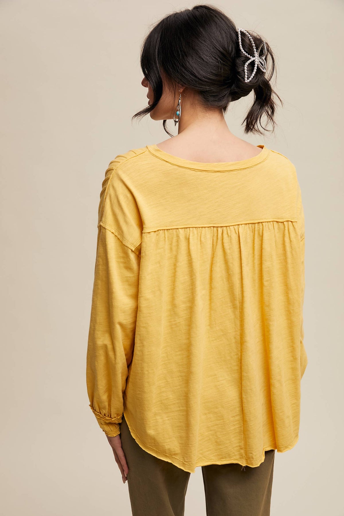 Cotton Pleated Henley Yellow Top