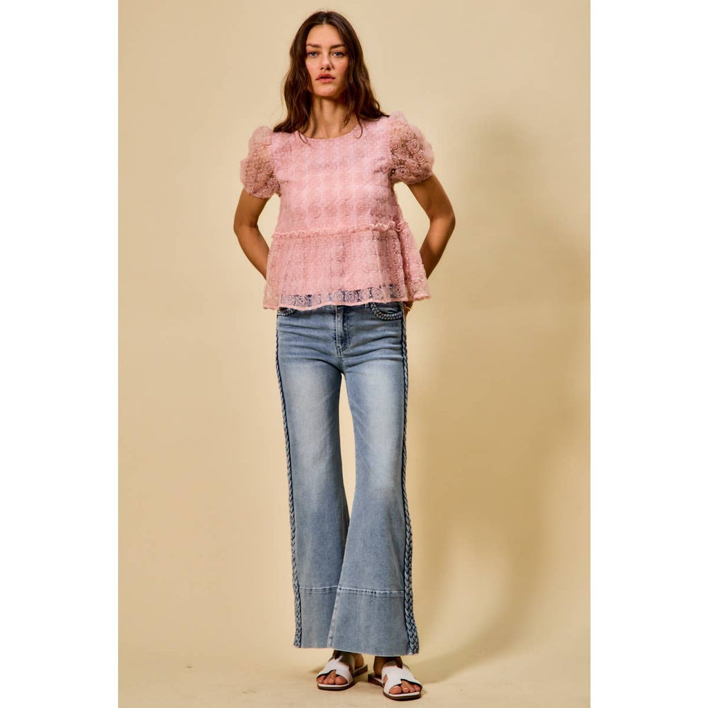 WIDE LEG FLARE DENIM JEANS WITH SIDE  BRAIDS