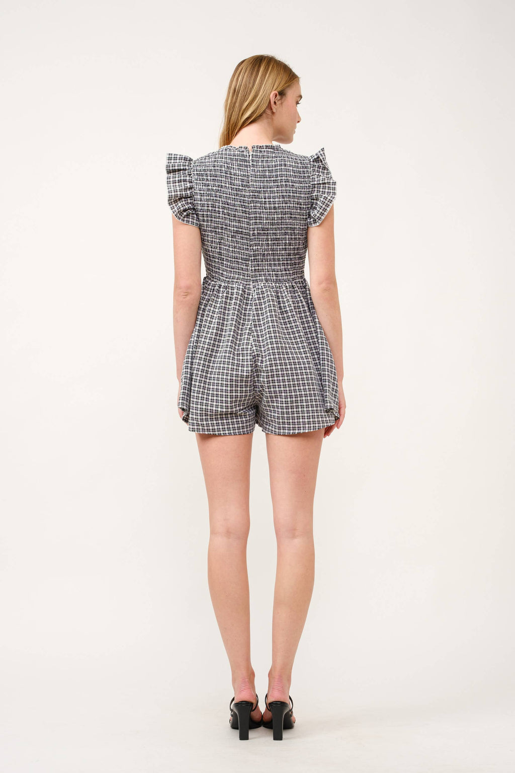 Gingham Smocked Waist Romper with Ruffle Sleeves