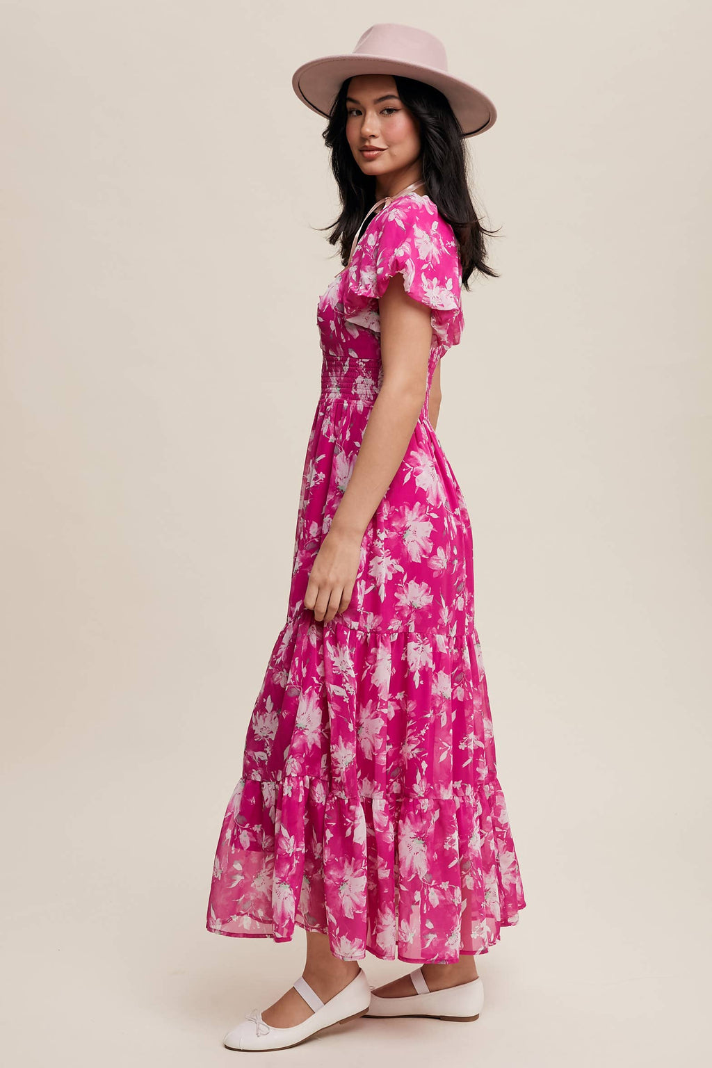 Floral Puff Sleeve Tiered Pink Maxi Dress