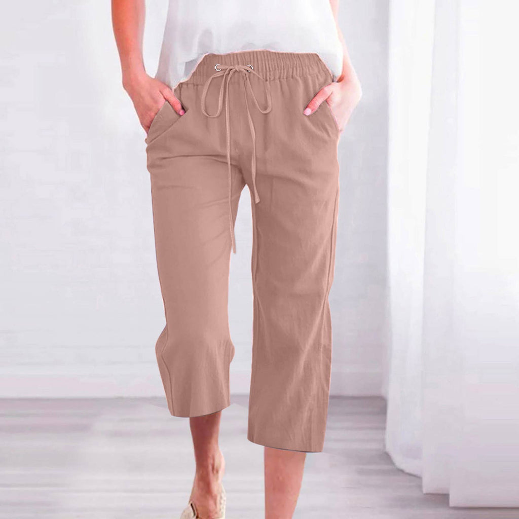 Linen Casual Summer Cropped Pants with Elastic Drawstring Waist