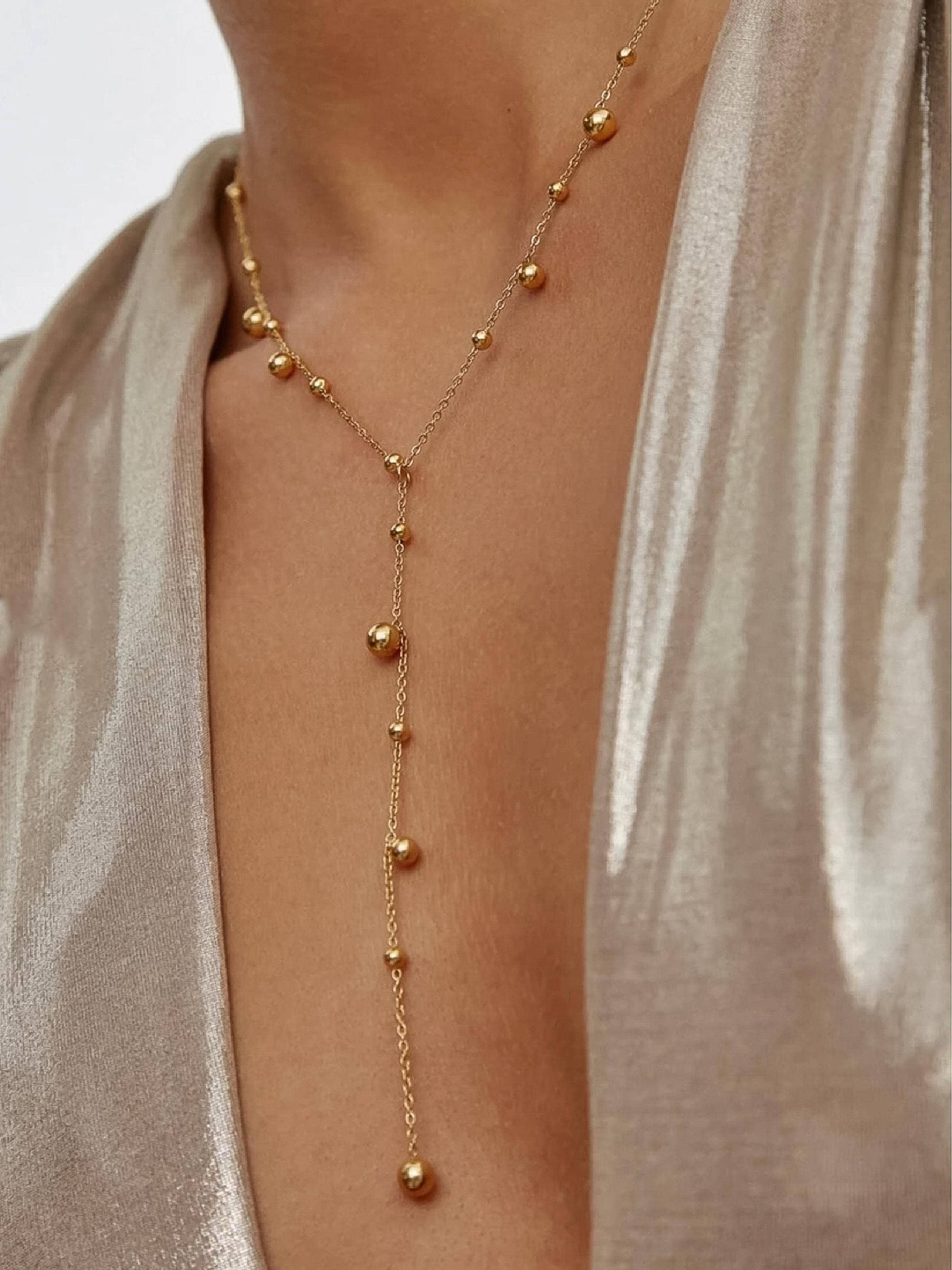 18K Gold Non-Tarnish Dressy Beaded Y Lariat Necklace