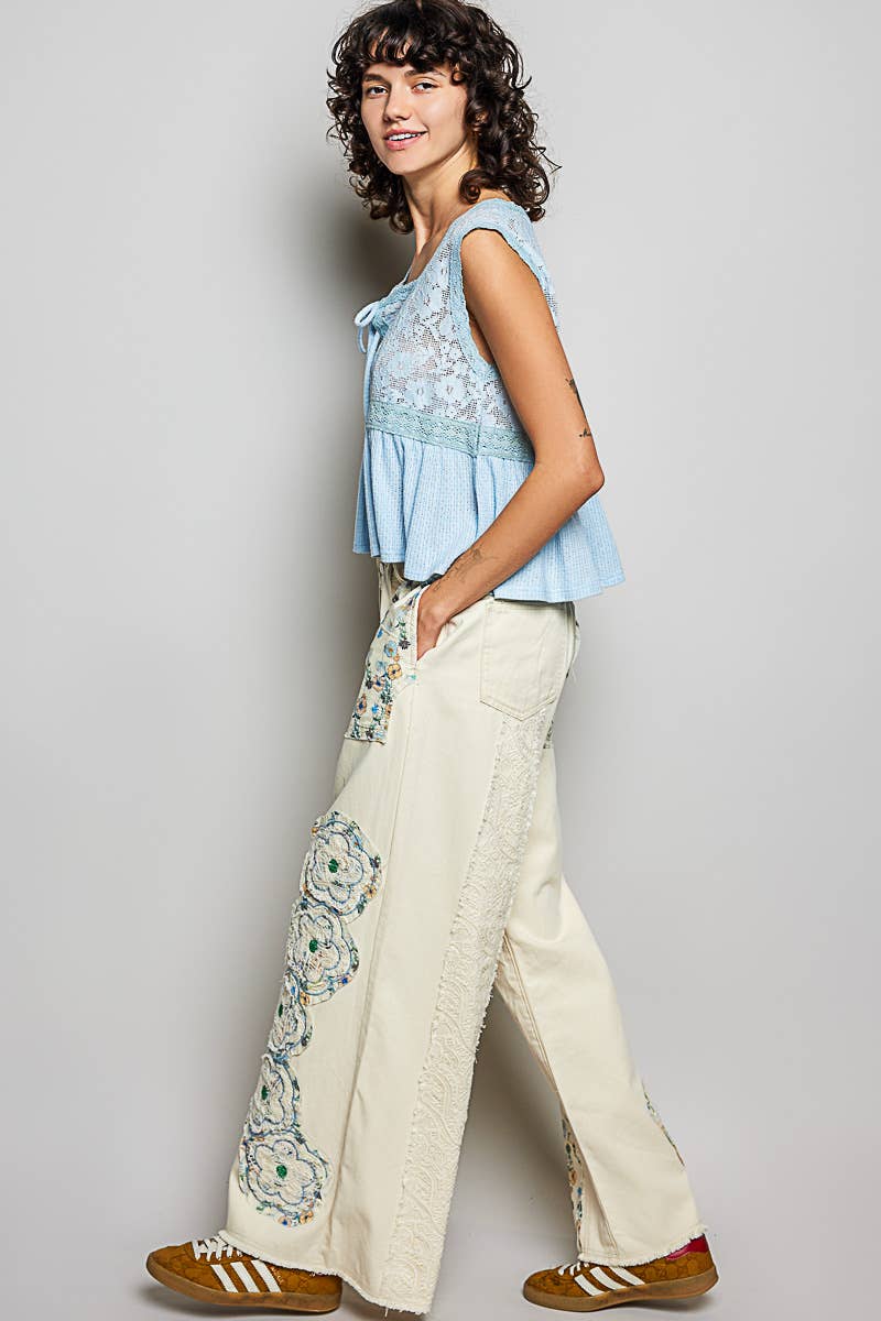 Cotton Boho Denim Drawstring Floral Patch  Pants
