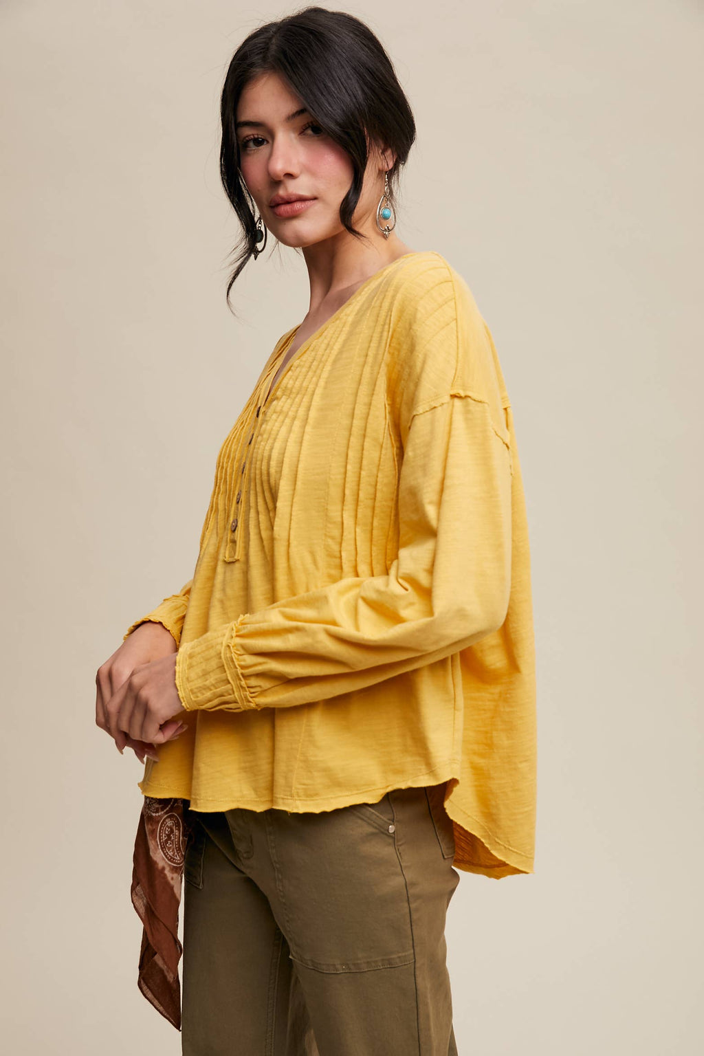 Cotton Pleated Henley Yellow Top