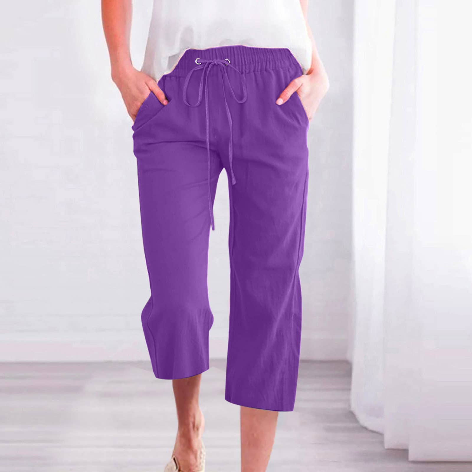 Linen Casual Summer Cropped Pants with Elastic Drawstring Waist