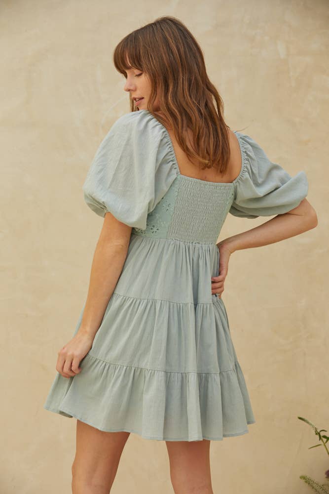 Woven Cotton Gauze Eyelet Detail Babydoll Dress