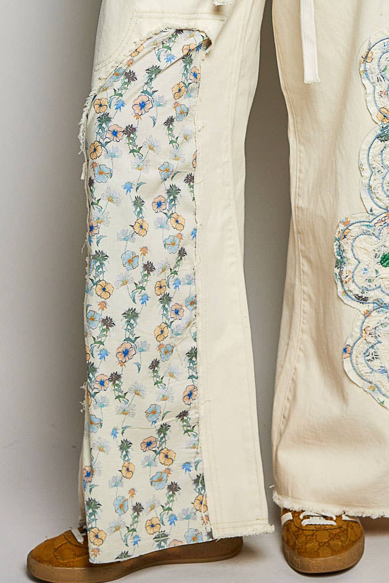 Cotton Boho Denim Drawstring Floral Patch  Pants