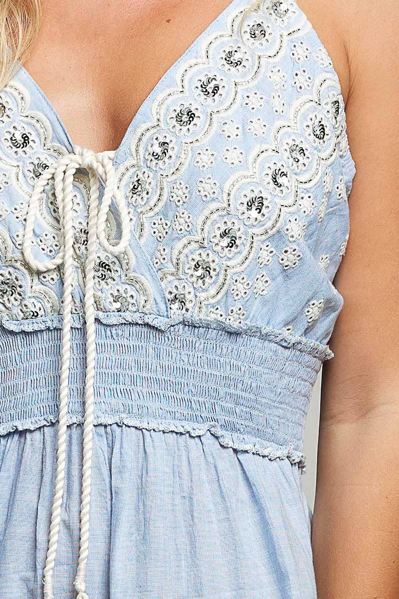 Cotton V-Neck Sleeveless Dress with Eyelet Detail Smocked Waist