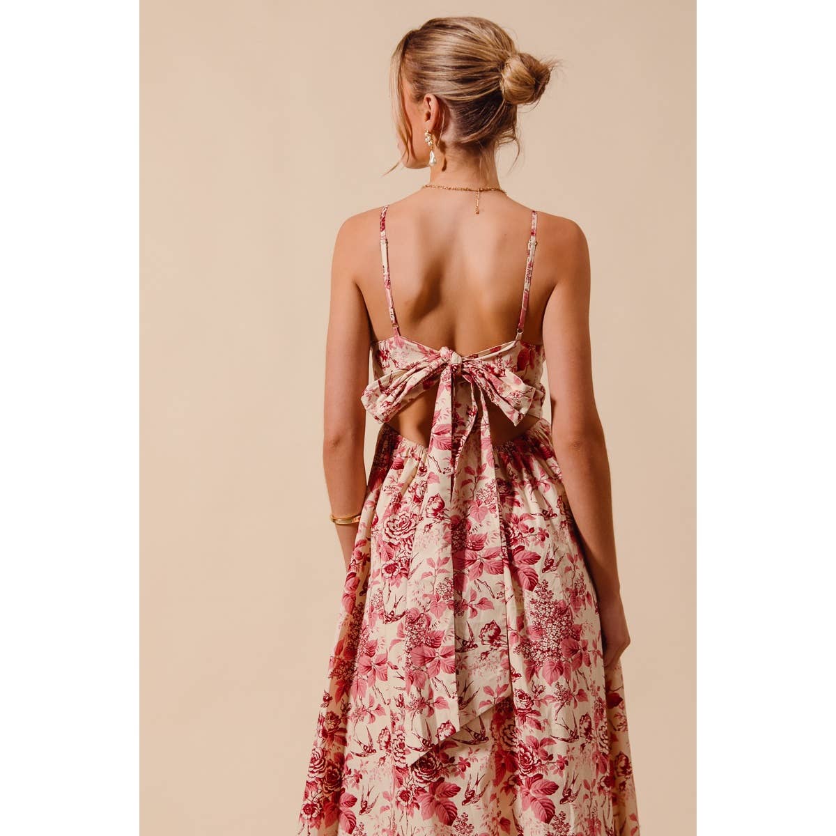 FLORAL COTTON WOVEN V NECK DRESS WITH BACK RIBBON TIE