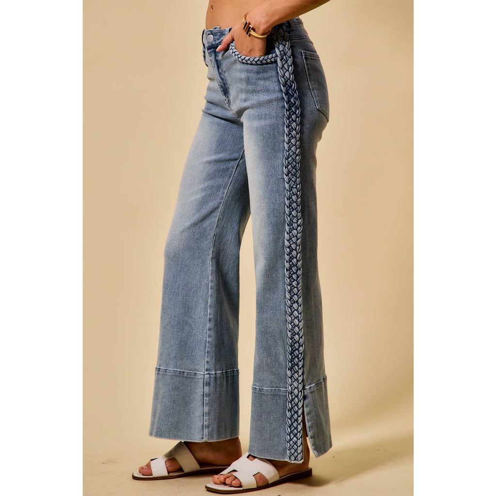 WIDE LEG FLARE DENIM JEANS WITH SIDE  BRAIDS