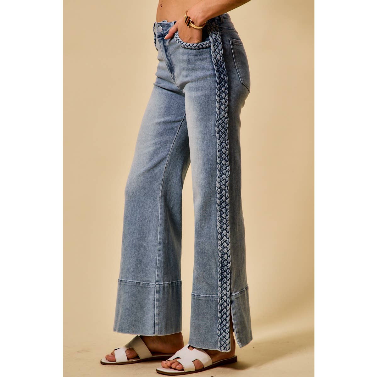 WIDE LEG FLARE DENIM JEANS WITH SIDE  BRAIDS