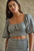 Cropped Woven Cotton 3/4 Puff Sleeve Blouse