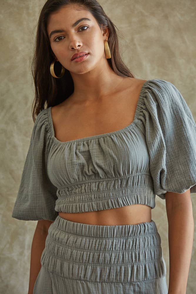 Cropped Woven Cotton 3/4 Puff Sleeve Blouse