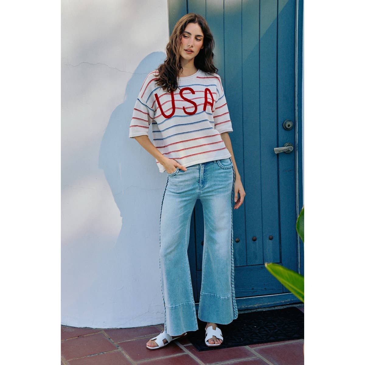 WIDE LEG FLARE DENIM JEANS WITH SIDE  BRAIDS