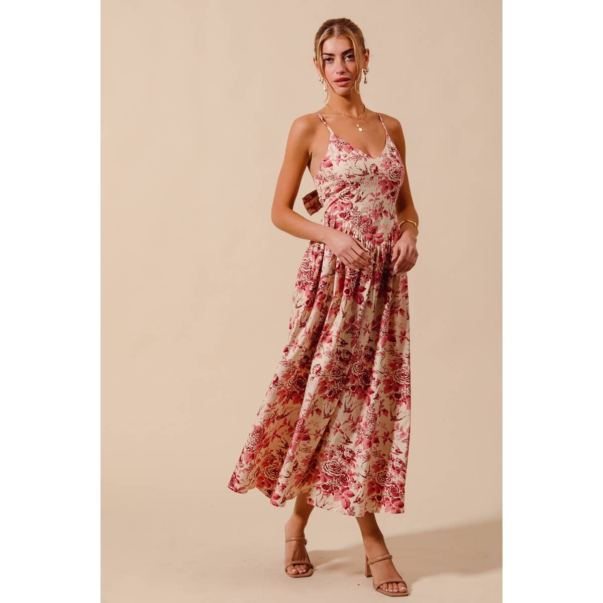 FLORAL COTTON WOVEN V NECK DRESS WITH BACK RIBBON TIE