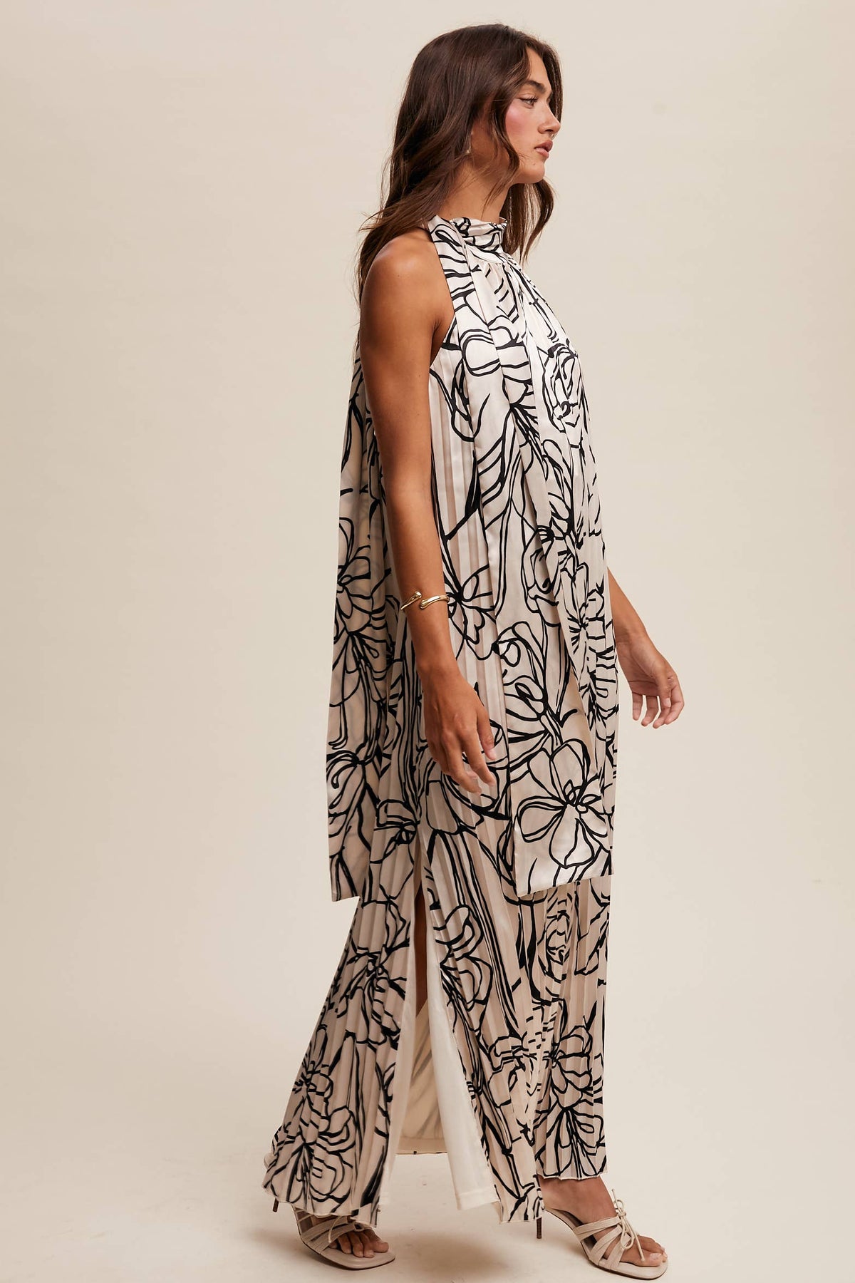 Pleated Floral Halter Satin Maxi Dress