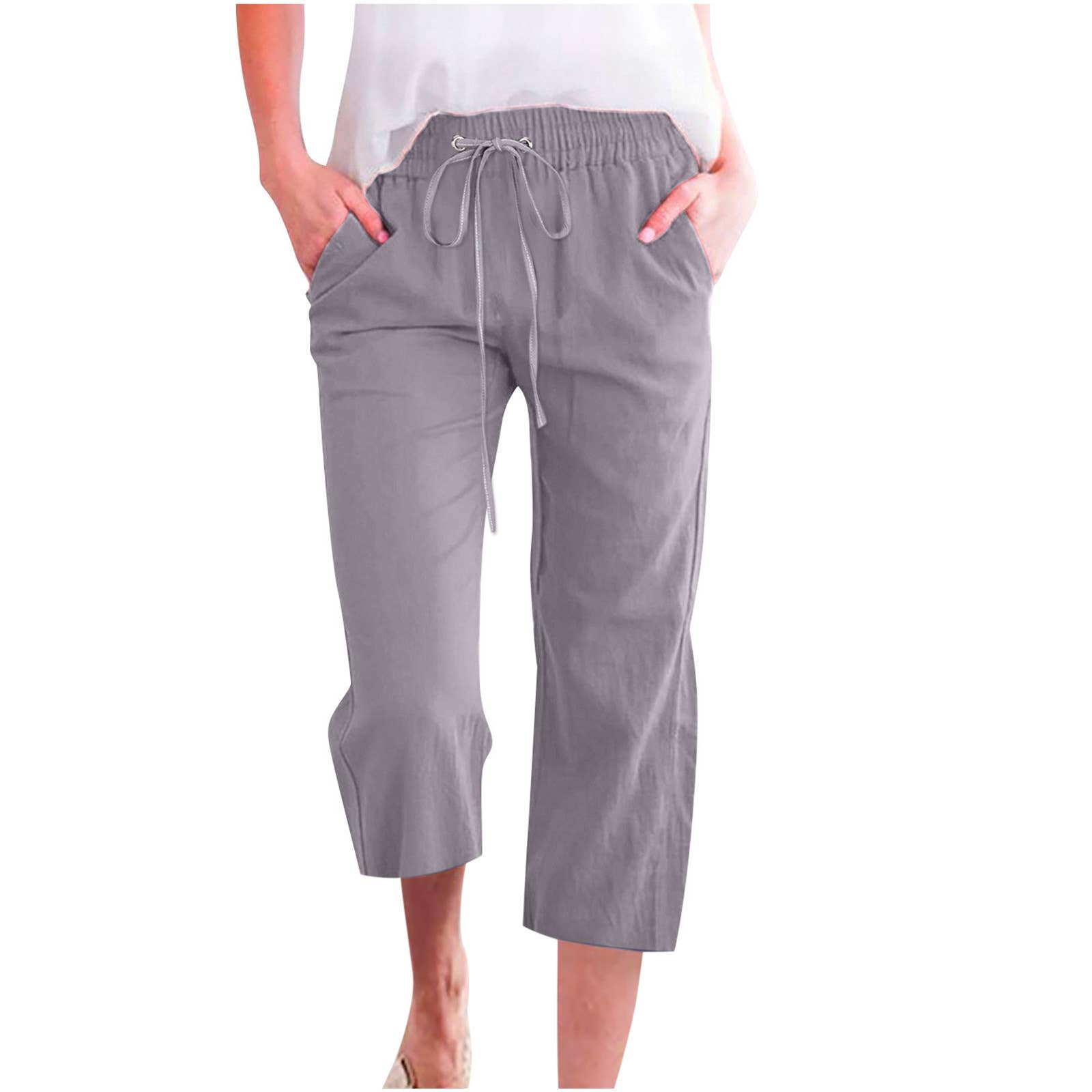 Linen Casual Summer Cropped Pants with Elastic Drawstring Waist