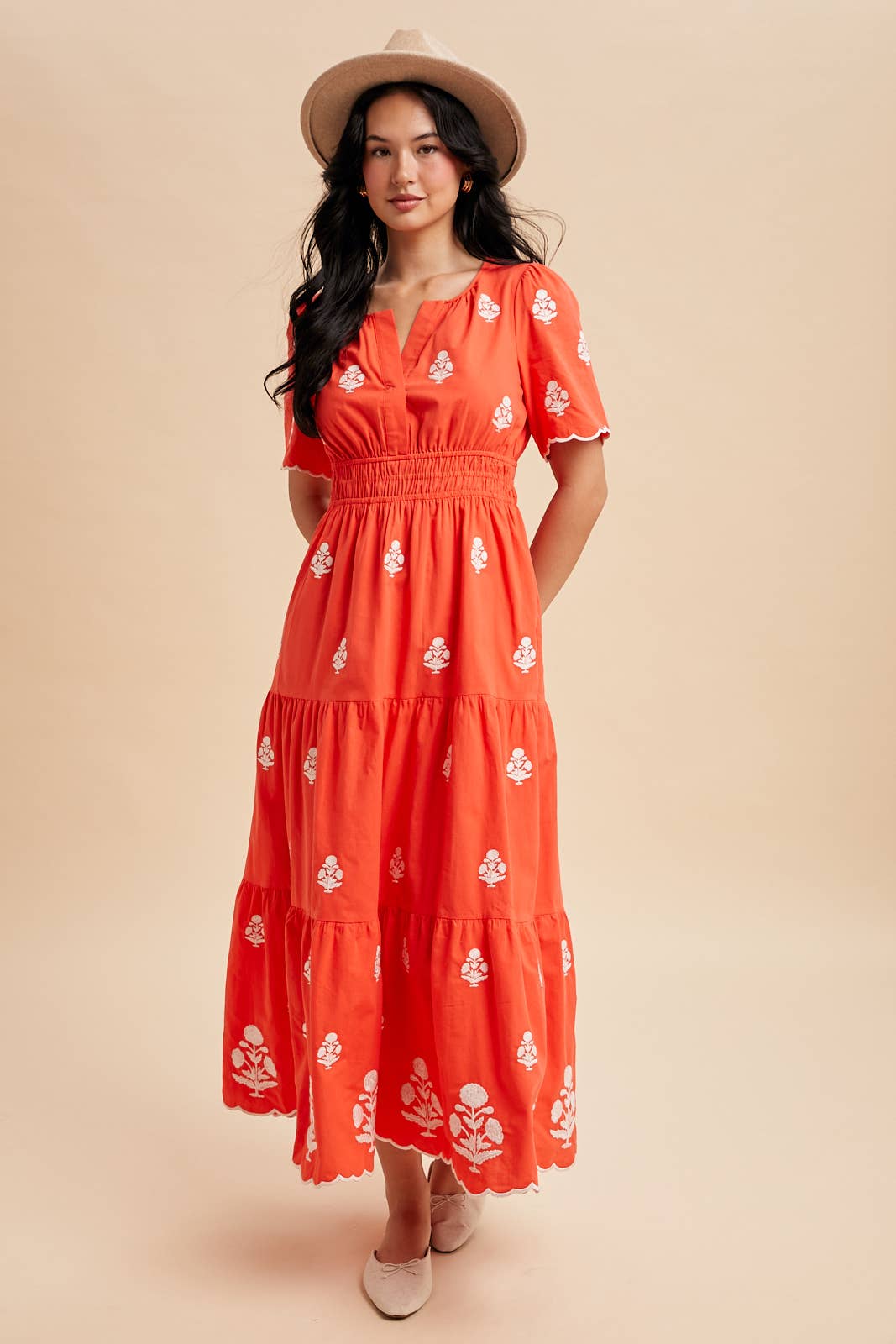 NOTCHED COLLAR EMBROIDERED MAXI DRESS