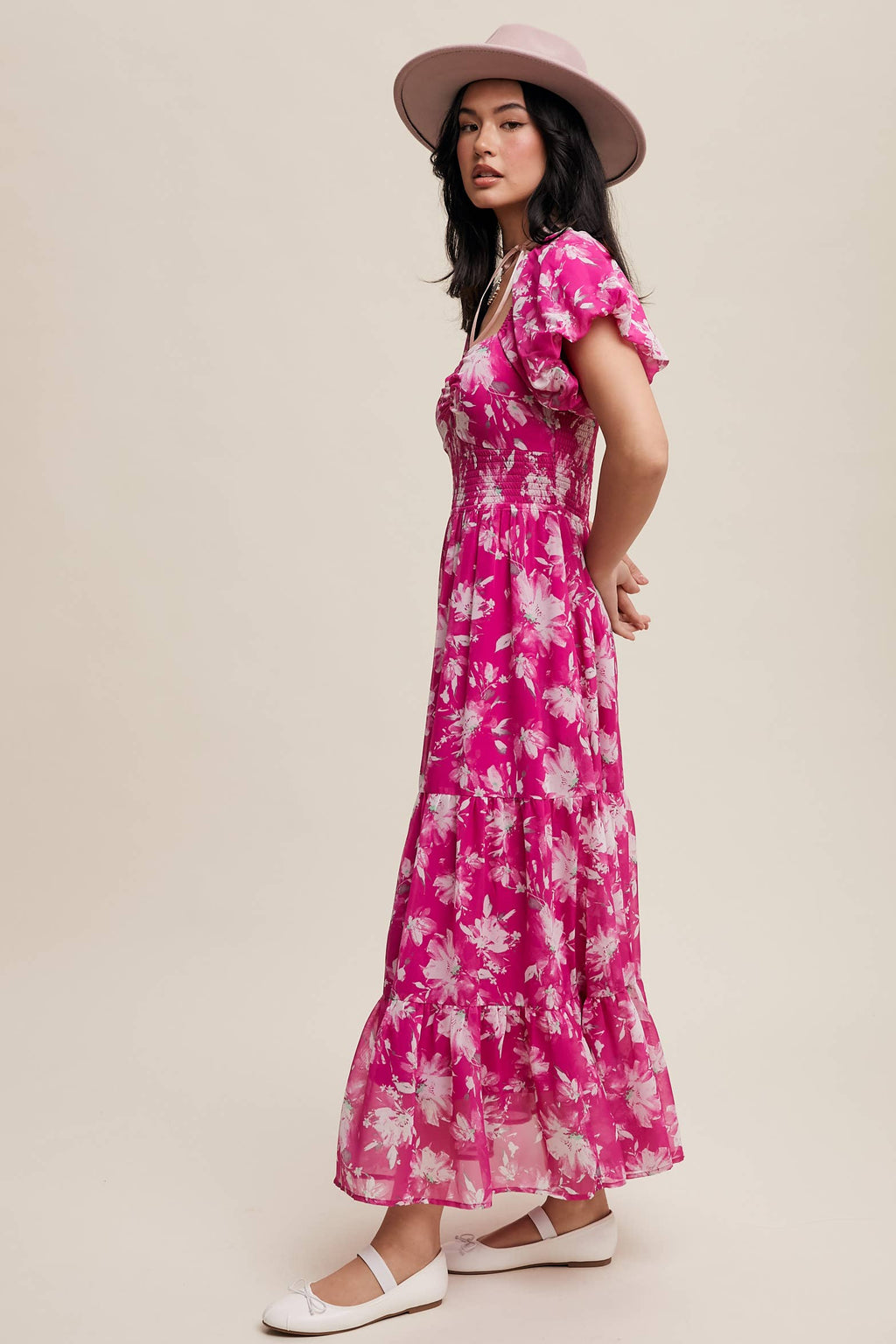 Floral Puff Sleeve Tiered Pink Maxi Dress