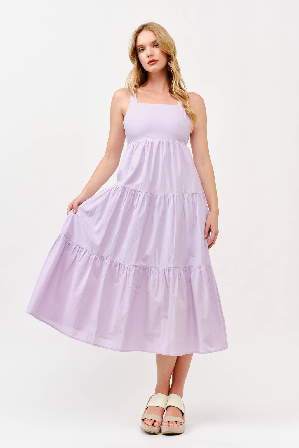 Cotton Boho Elastic Waist Open Bow Back Summer Lilac Dress