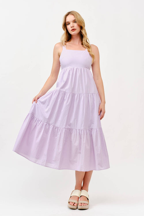 Cotton Boho Elastic Waist Open Bow Back Summer Lilac Dress