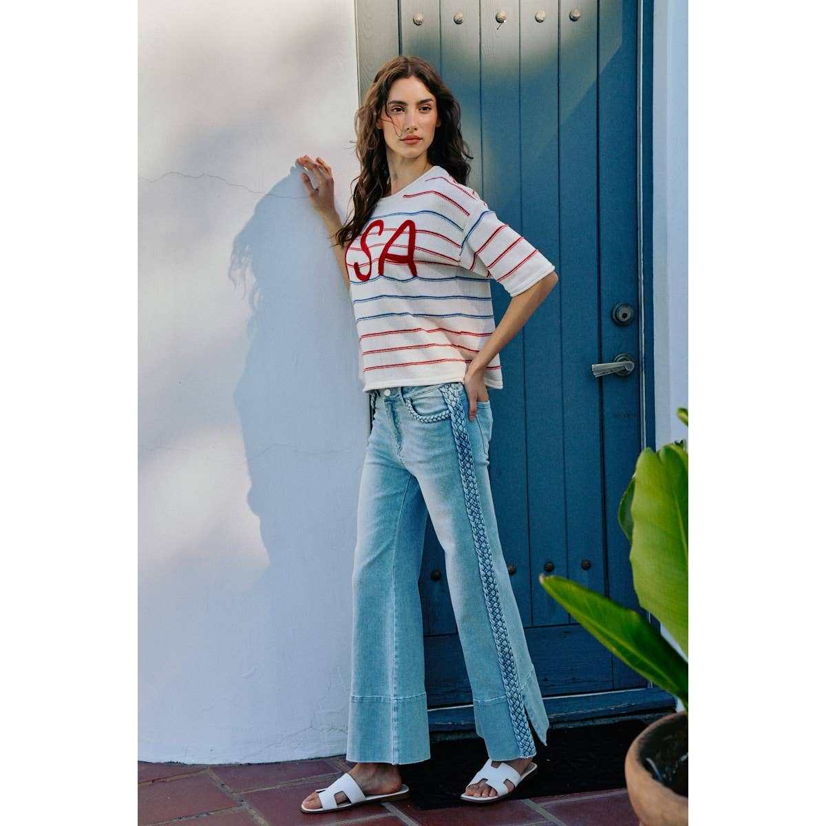 WIDE LEG FLARE DENIM JEANS WITH SIDE  BRAIDS