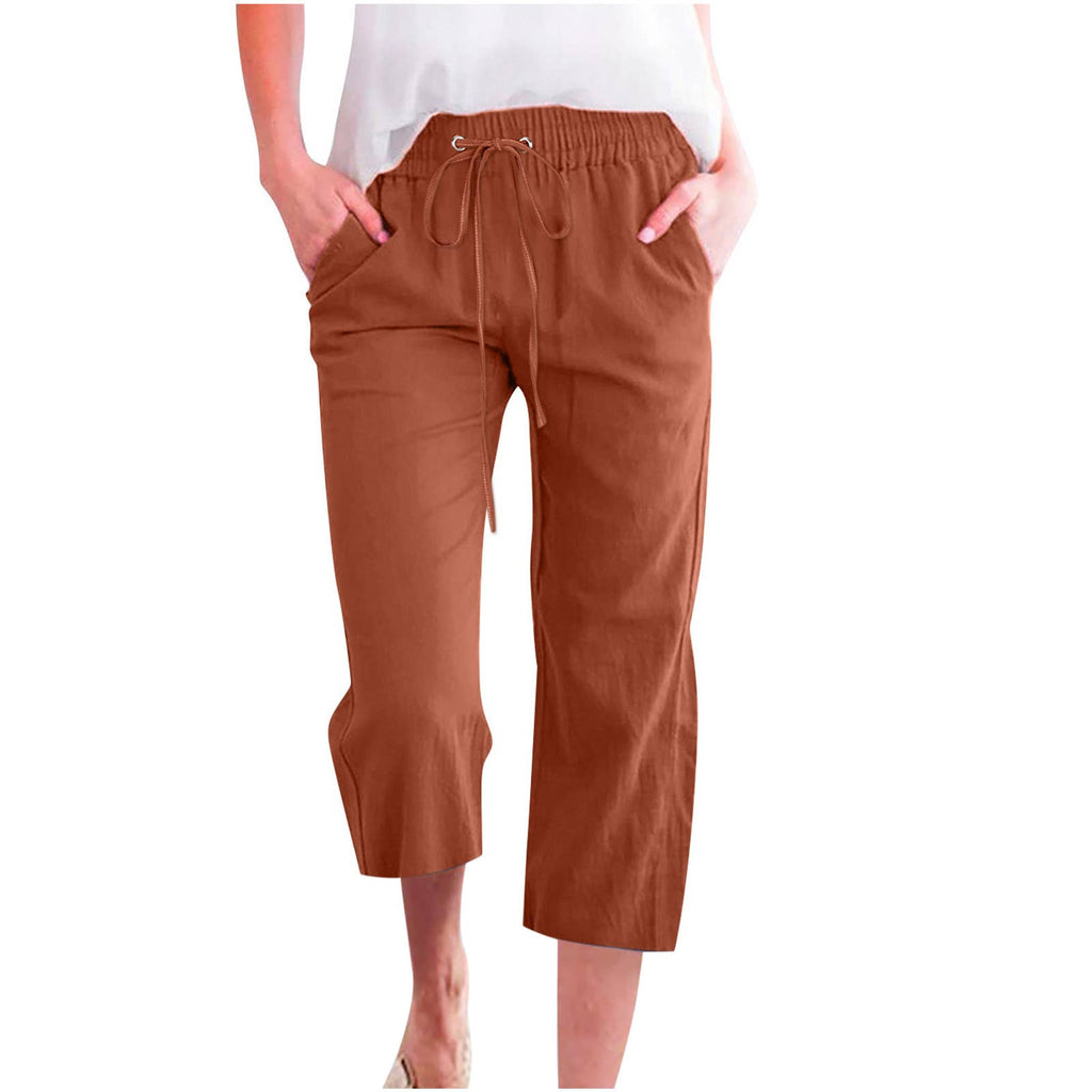 Linen Casual Summer Cropped Pants with Elastic Drawstring Waist