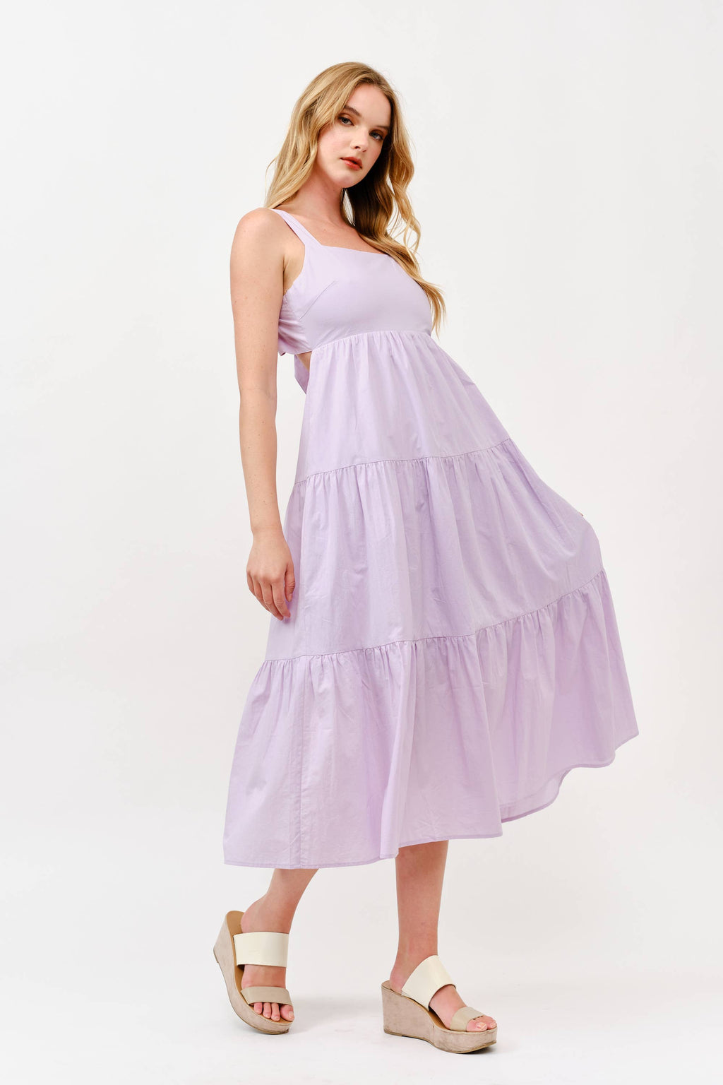 Cotton Boho Elastic Waist Open Bow Back Summer Lilac Dress
