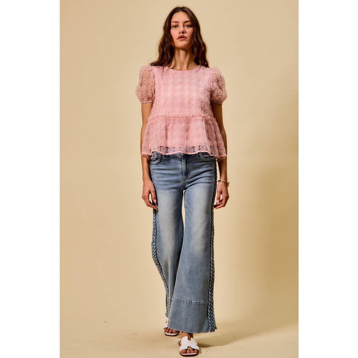 WIDE LEG FLARE DENIM JEANS WITH SIDE  BRAIDS