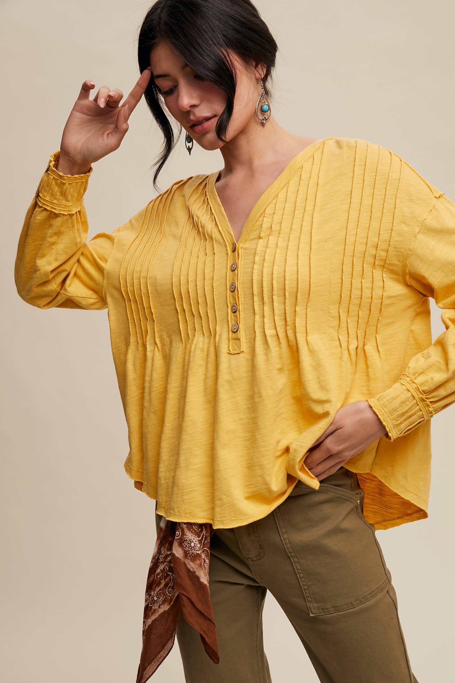 Cotton Pleated Henley Yellow Top
