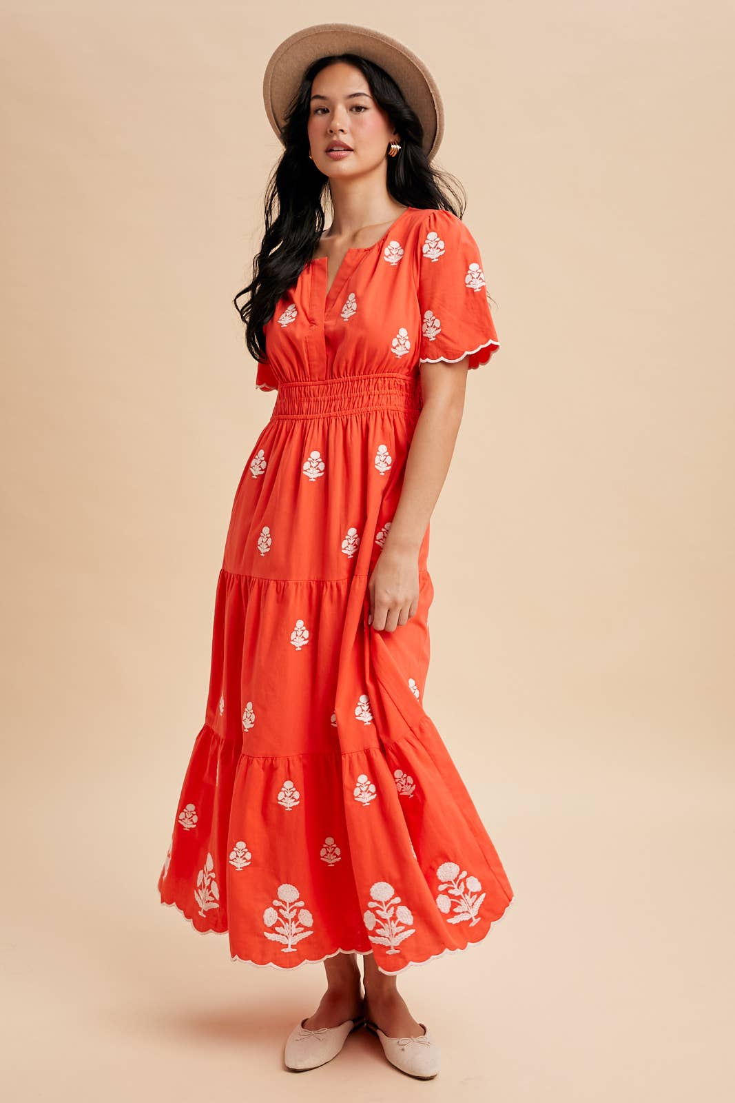 NOTCHED COLLAR EMBROIDERED MAXI DRESS